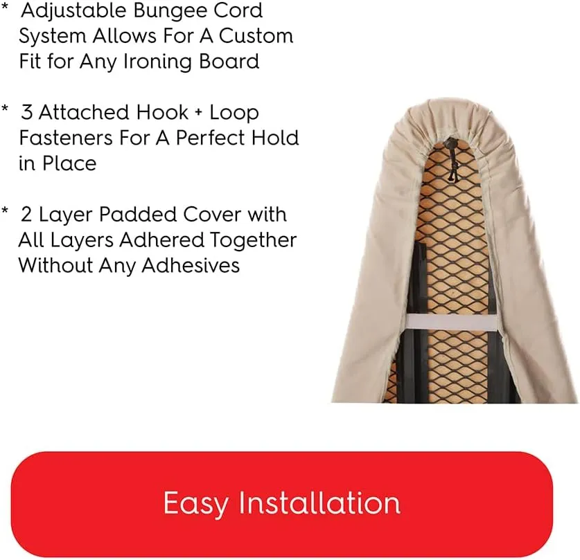 TIVIT Ironing Board Cover 15 x 54 Standard Chemical Free Eco-Friendly Padded Covers - Unbleached, Untreated Natural Cotton & Wool Pad - 2 Layer, 3 Fastener Straps, Pull Bungee Cord - Made in Italy
