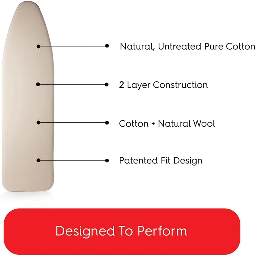 TIVIT Ironing Board Cover 15 x 54 Standard Chemical Free Eco-Friendly Padded Covers - Unbleached, Untreated Natural Cotton & Wool Pad - 2 Layer, 3 Fastener Straps, Pull Bungee Cord - Made in Italy
