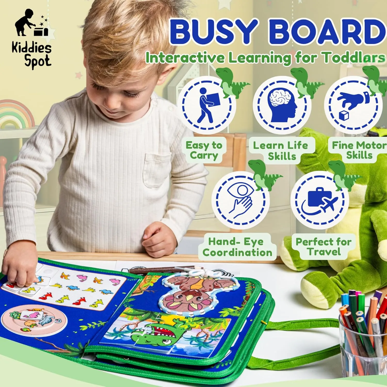 Toddler Busy Board, Sensory Busy Book, Montessori Toy, Educational Activities for Learning Fine Motor Skills, Travel Kids Activity for Car Airplane, Toddler Gifts, Blue Dinosaur
