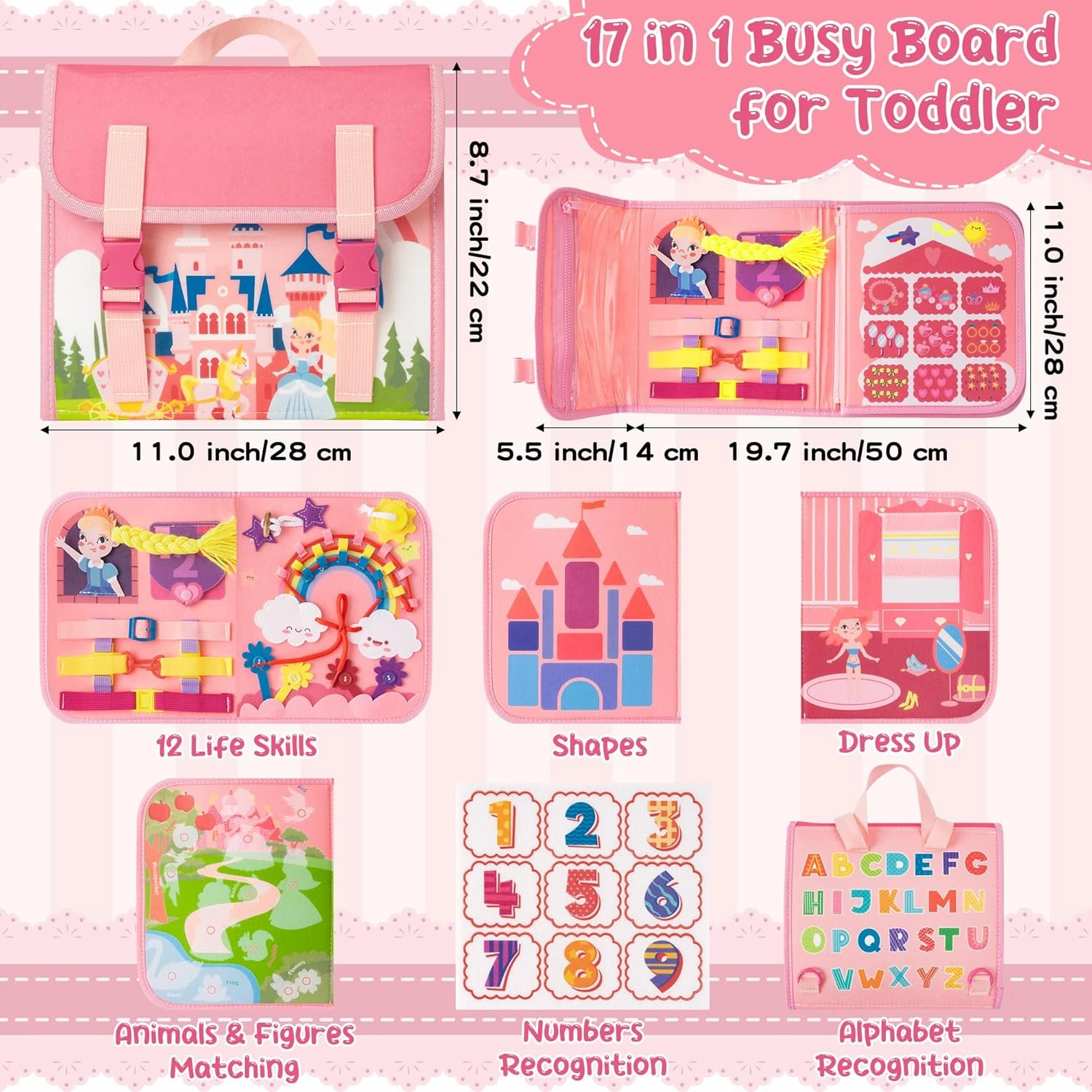 Toddlers Busy Book Board - Montessori Toys for 2 3 Year Old, Felt Sensory Travel Busy Book, Castle Princess Learning Educational Toy Airplane Car Trip Girls Ages 2-6 Birthday Gift Preschool