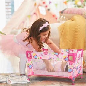 Toy Baby Doll Crib for 18'' Dolls, Cute Pink Heart Designed Baby Doll Bed with Carry Bag, Toy Crib Doll Furniture for 3 Years  Girls
