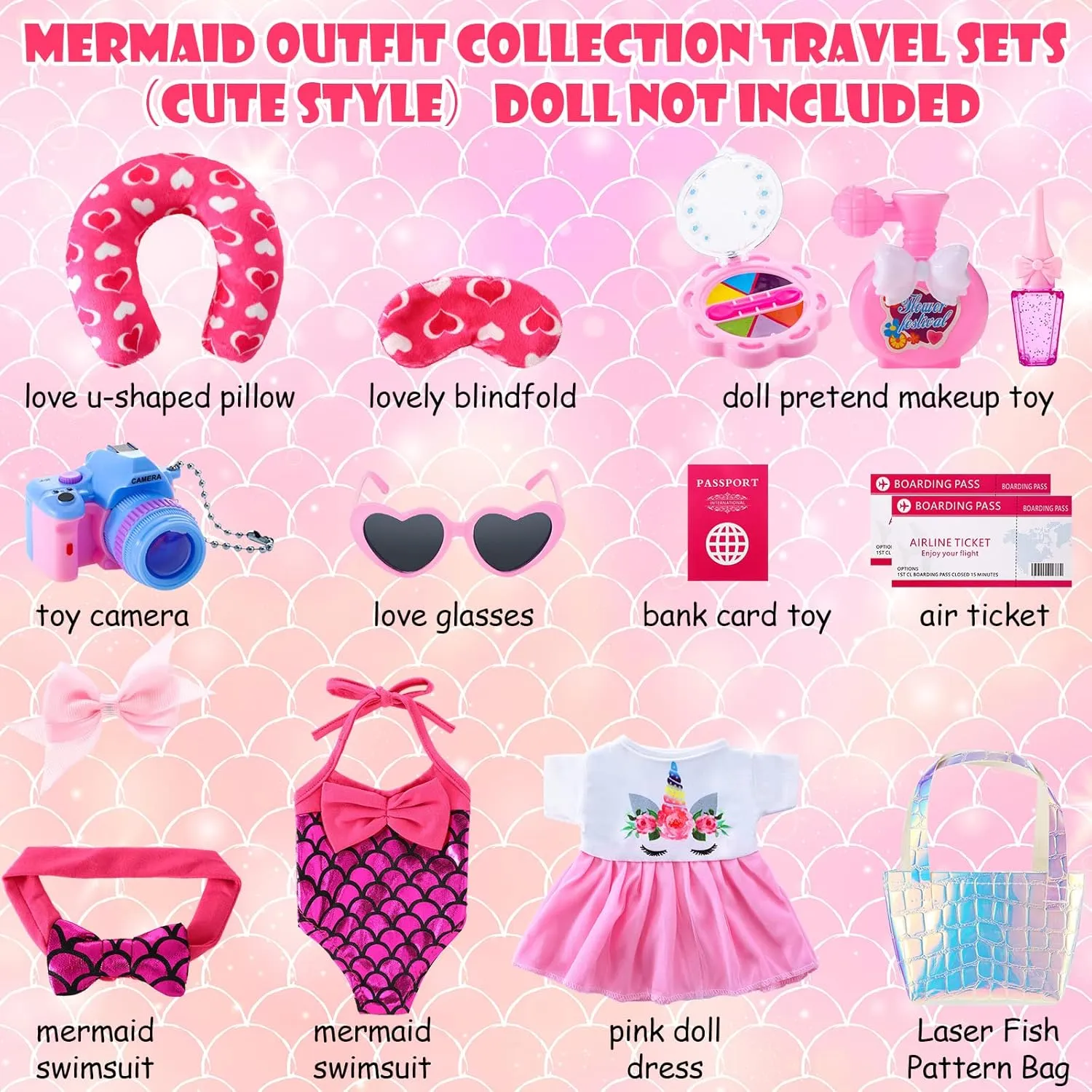 Travel Luggage Play Set for 18 Inch Doll Accessories and Furniture Luggage Seat with Mermaid Clothes Sunglasses Camera Toy Pillow Playsets, Doll Not Included(Cute Style)