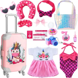 Travel Luggage Play Set for 18 Inch Doll Accessories and Furniture Luggage Seat with Mermaid Clothes Sunglasses Camera Toy Pillow Playsets, Doll Not Included(Cute Style)