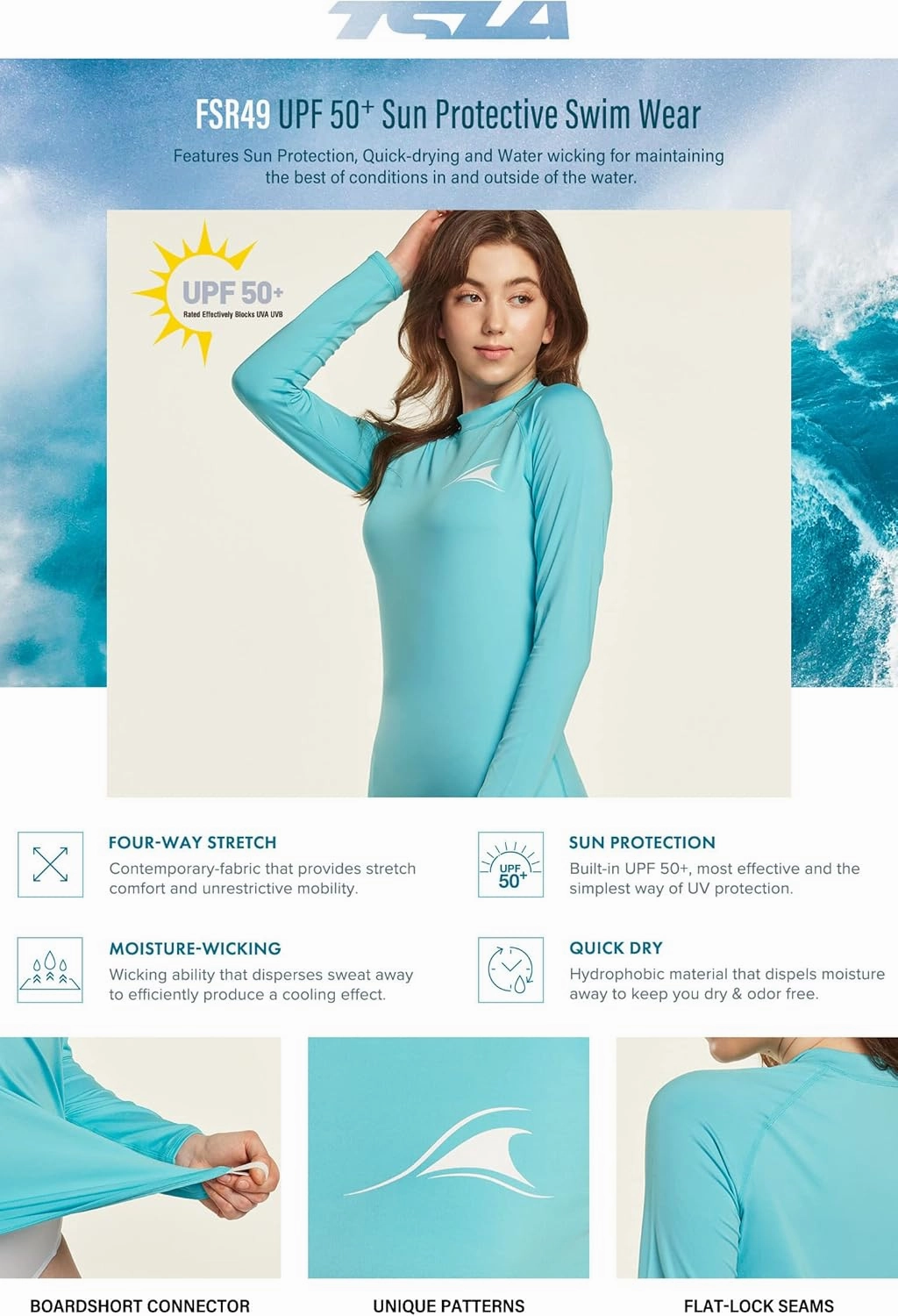 TSLA Women's UPF 50  Rash Guard Long Sleeve, UV/Sun Protection Swim Shirts, Water Beach Surf Swim Top