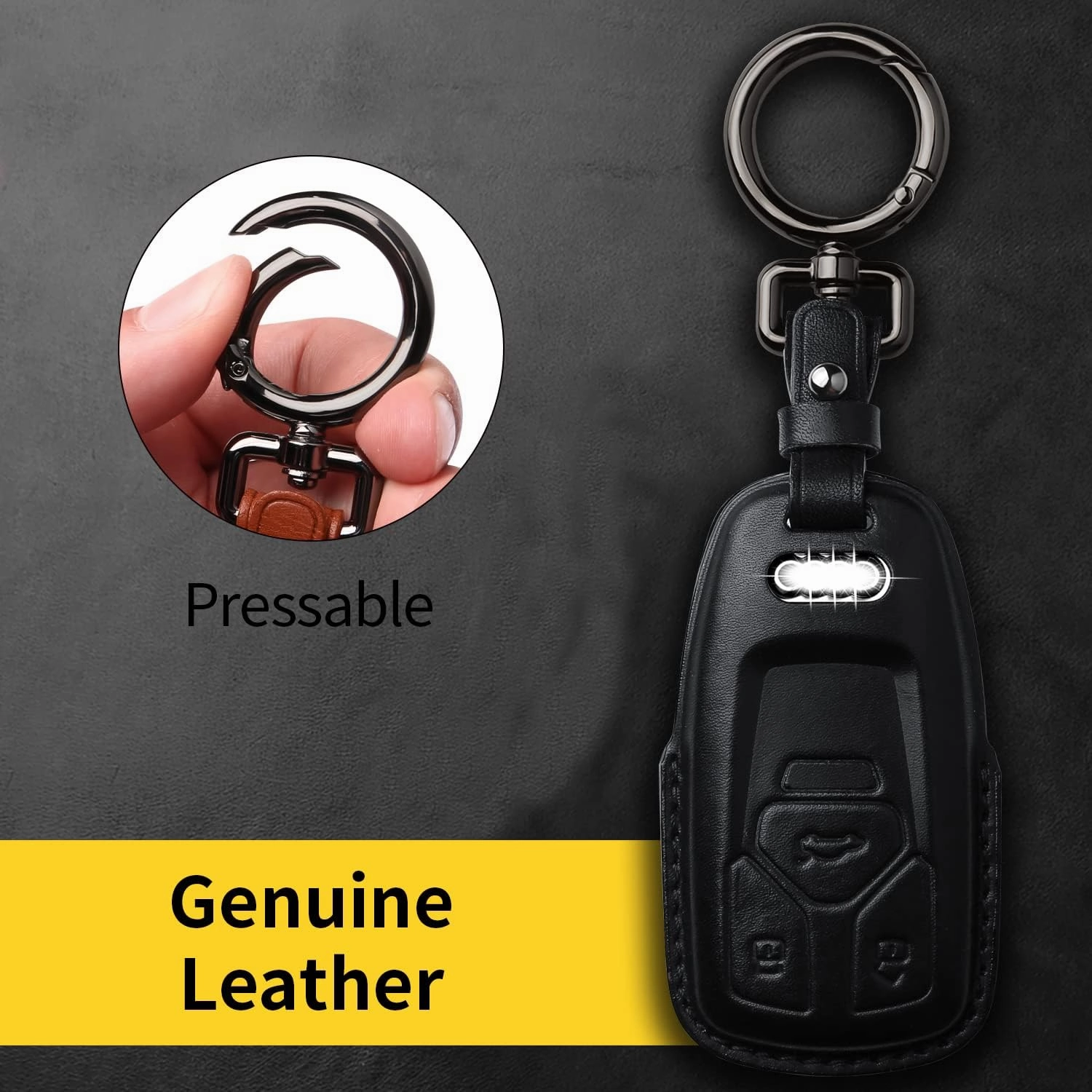 Tukellen for Audi Key Fob Cover Genuine Leather with Keychain,Leather Key Case Protector Compatible Audi A4 Q7 Q5 TT A3 A6 SQ5 R8 S5 Smart Key-Black