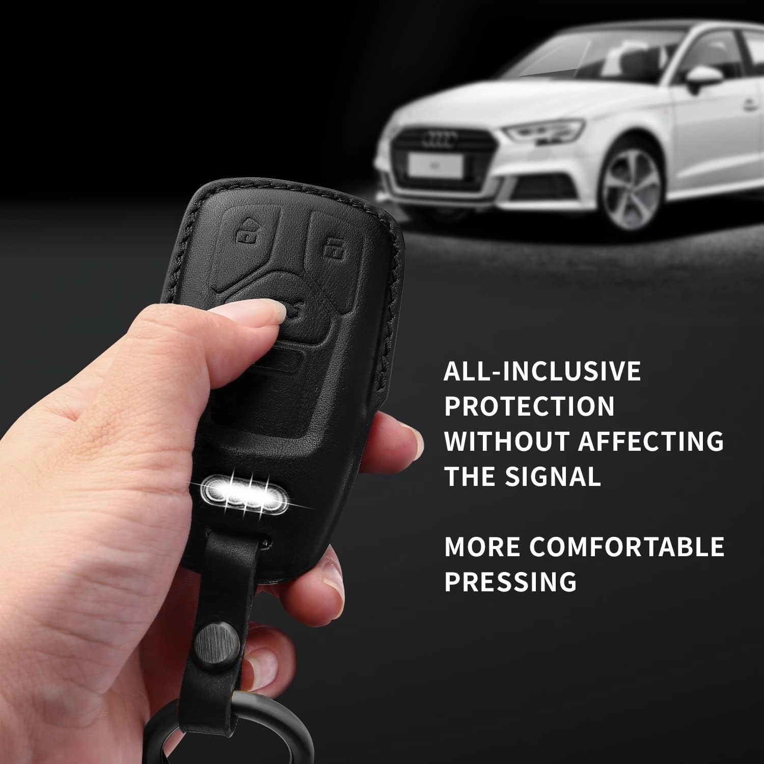 Tukellen for Audi Key Fob Cover Genuine Leather with Keychain,Leather Key Case Protector Compatible Audi A4 Q7 Q5 TT A3 A6 SQ5 R8 S5 Smart Key-Black
