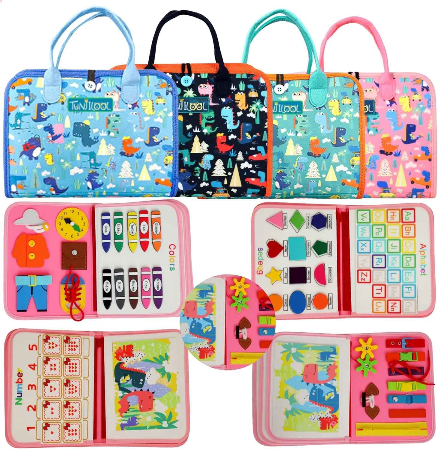 TUNJILOOL Montessori Busy Board - 8-in-1 Sensory Activity Book with Detachable Pages, Travel-Friendly Learning Toy for Fine Motor Skills & Preschool Education