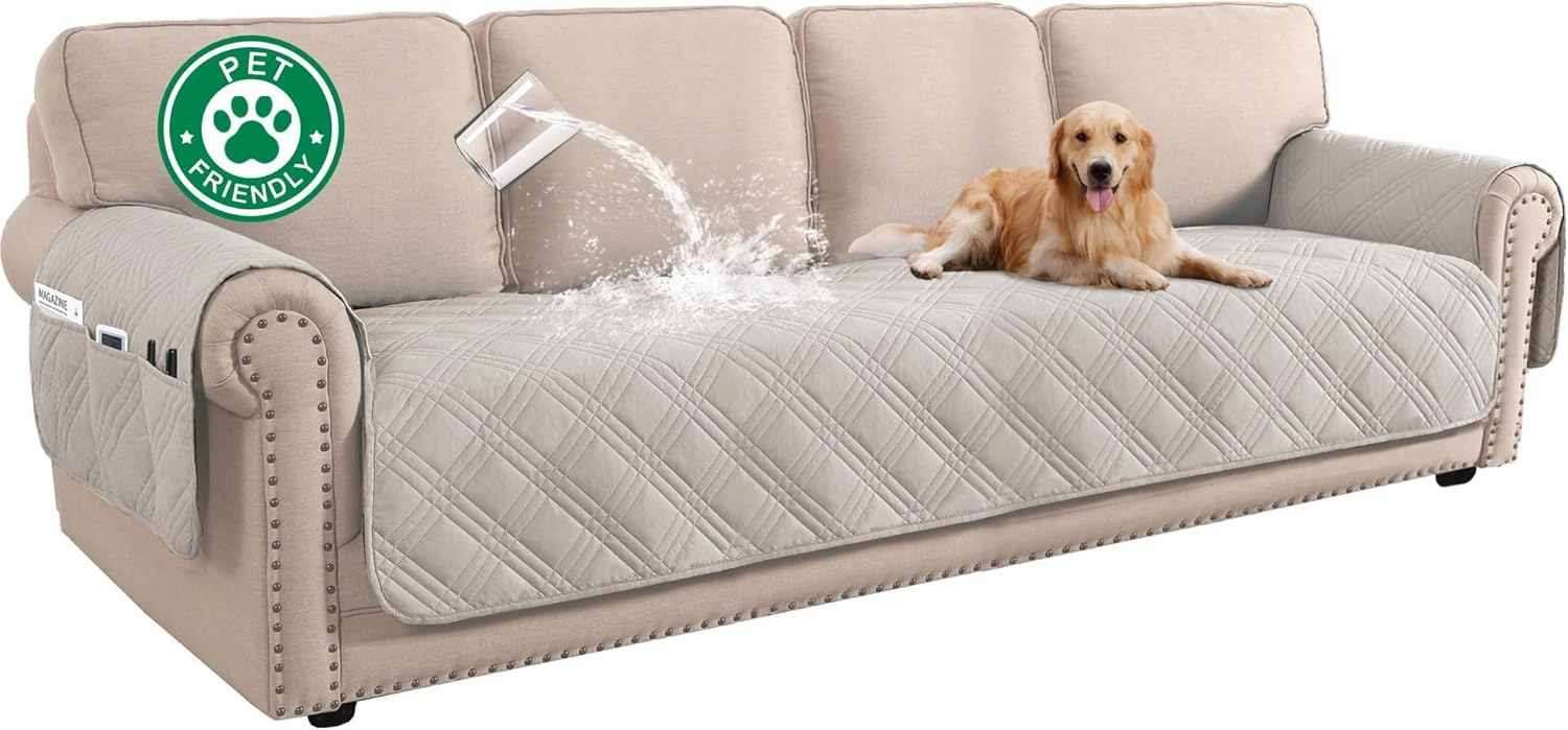 Turquoize Waterproof Oversized Pet Couch Cover - Large, XL Sofa Protector with Side Pocket for 4 Cushions (French Oak)