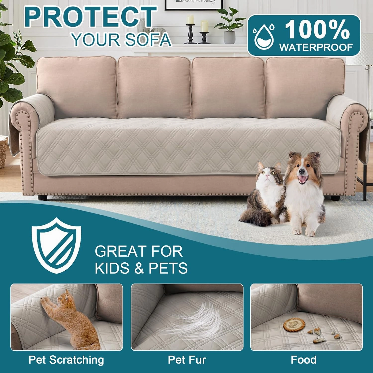 Turquoize Waterproof Oversized Pet Couch Cover - Large, XL Sofa Protector with Side Pocket for 4 Cushions (French Oak)