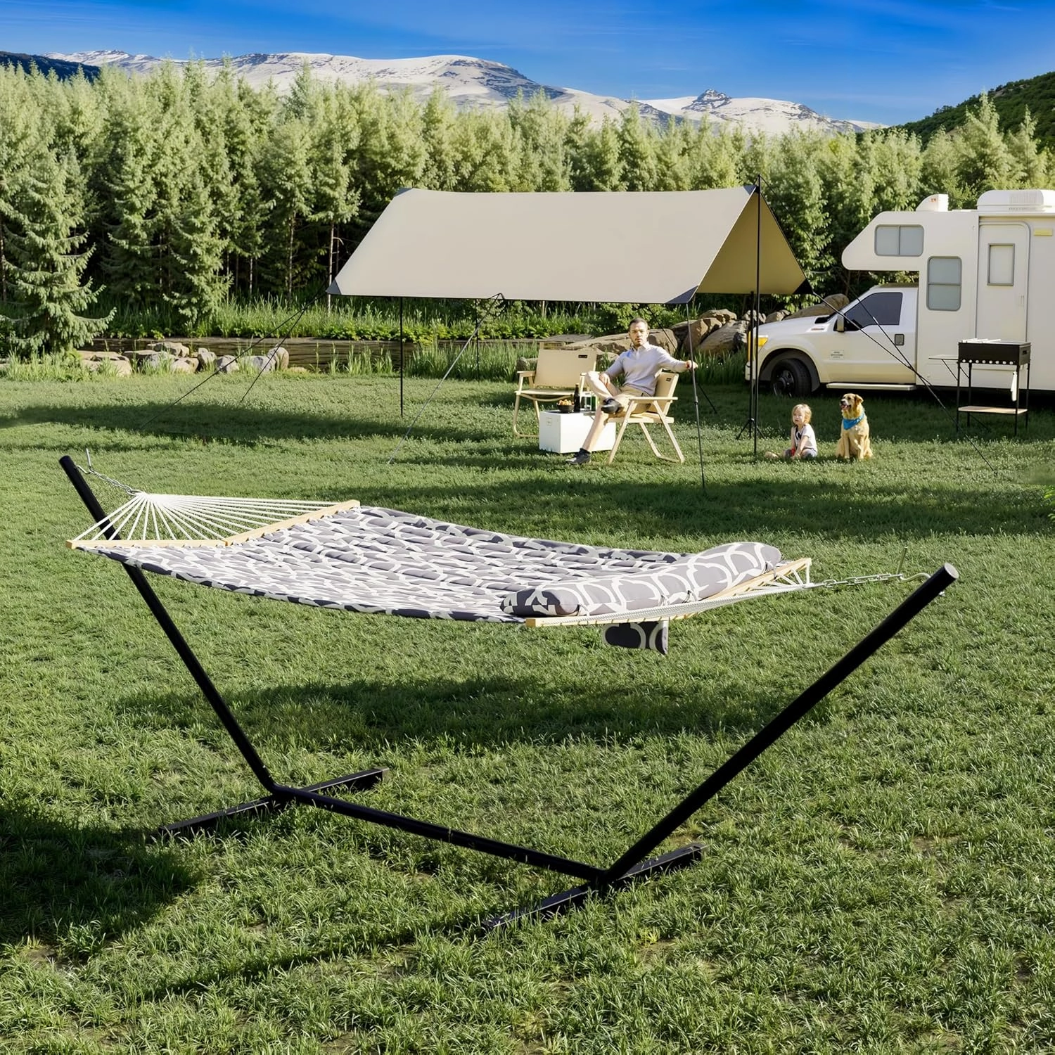 Ultra-Comfort 2-Person Hammock Set with Foldable Steel Frame – Heavy-Duty Outdoor Lounger for Garden, Camping & Patio (450lb Capacity   Quick-Stow Carry Bag),Light Gray (Concave)