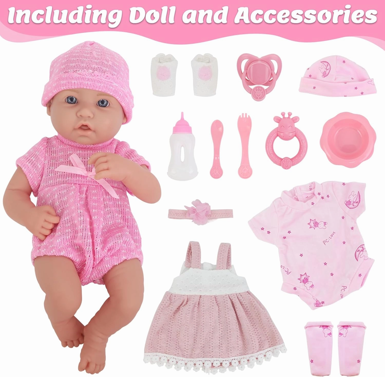 UNICORN ELEMENT 14 Inch Baby Doll with Baby Doll Clothes and Accessories, Reborn Vinyl Body 14” Dolls Playsets with Pacifier, Feeding Bottle Etc, Great Gift for Toddlers 3 