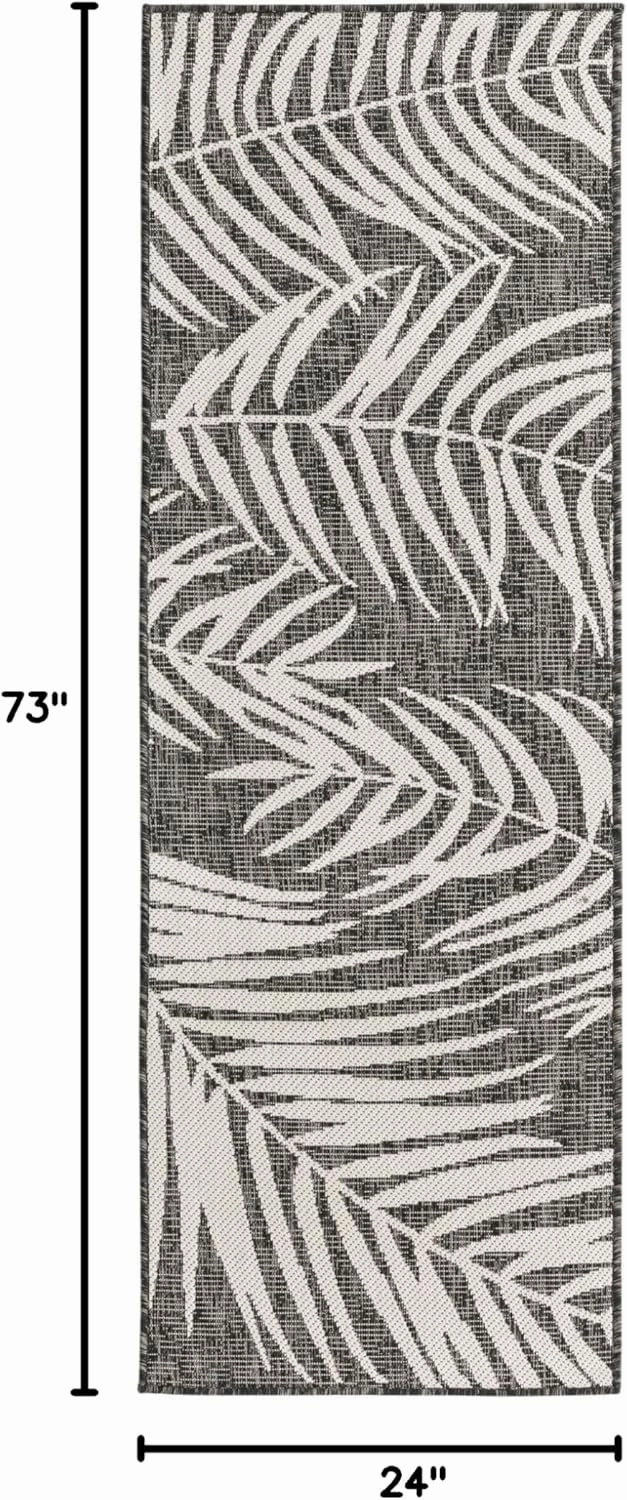 Unique Loom Outdoor Botanical Collection Area Rug - Palm (2' x 6' 1" Runner, Charcoal/ Ivory)