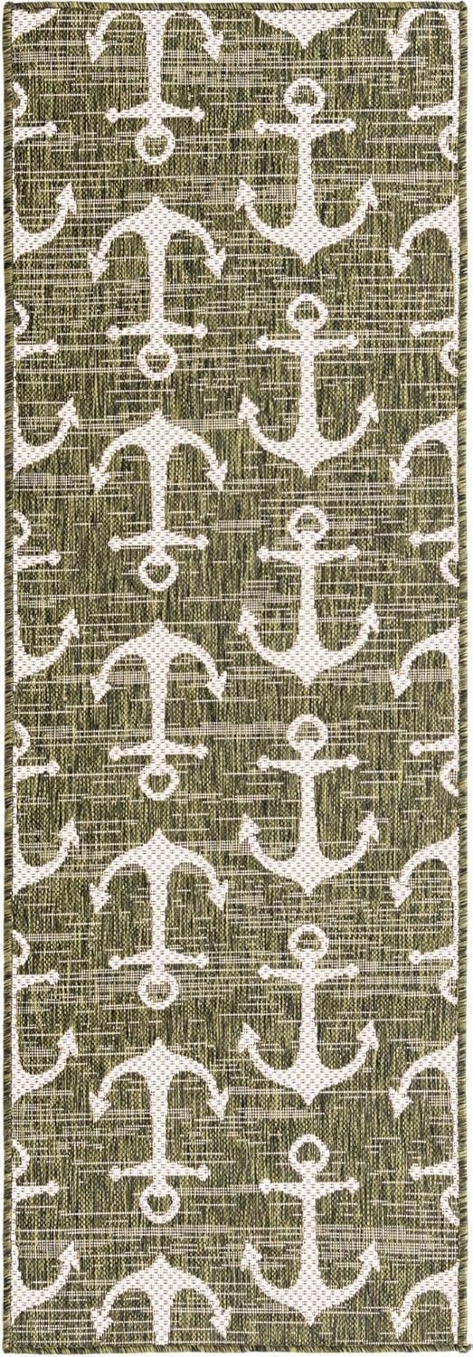 Unique Loom Outdoor Coastal Collection Area Rug - Ahoy (2' x 6' 1" Runner, Green/ Ivory)