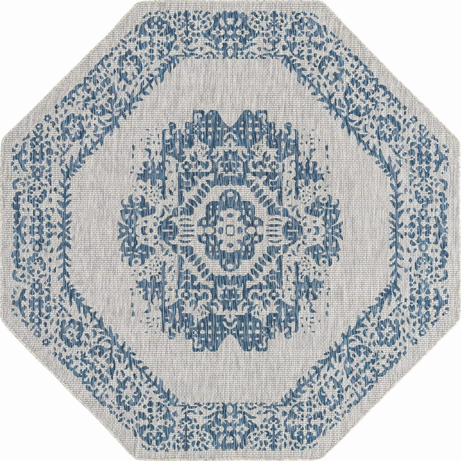 Unique Loom Outdoor Traditional Collection Area Rug - Timeworn (7' 10" Octagon, Blue/ Gray)