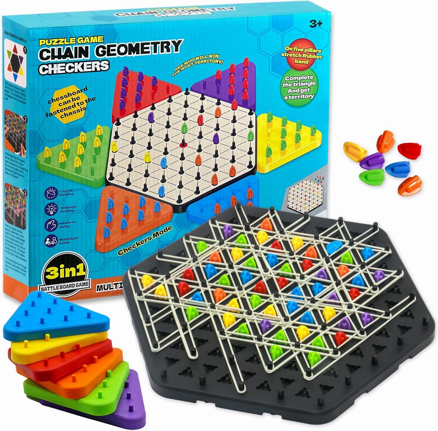 Upgraded Chain Triangle Chess Game, 3-in-1 Multi-Functional Board Games, Chain Link Game, Chinese Checkers, Educational Toy for Adults and Kids Age 3 , 2-6 Players, Fun for Family, Grandson, Party
