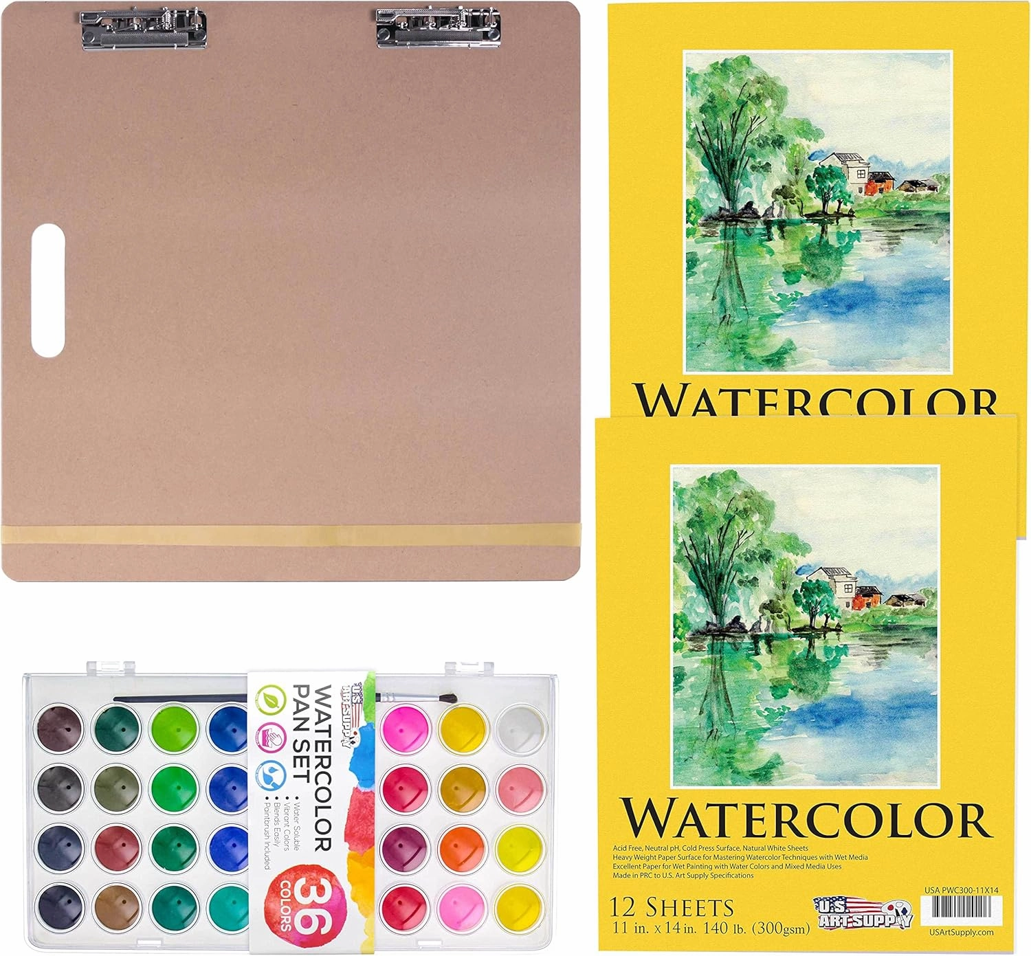 US Art Supply 18" x 18" Artist Sketch Tote Board Bundled with 2 Pack of 11 x 14" Premium Heavy-Weight Watercolor Painting Paper Pad, 140 Pound (300gsm) & 36 Color Watercolor Artist Paint Set