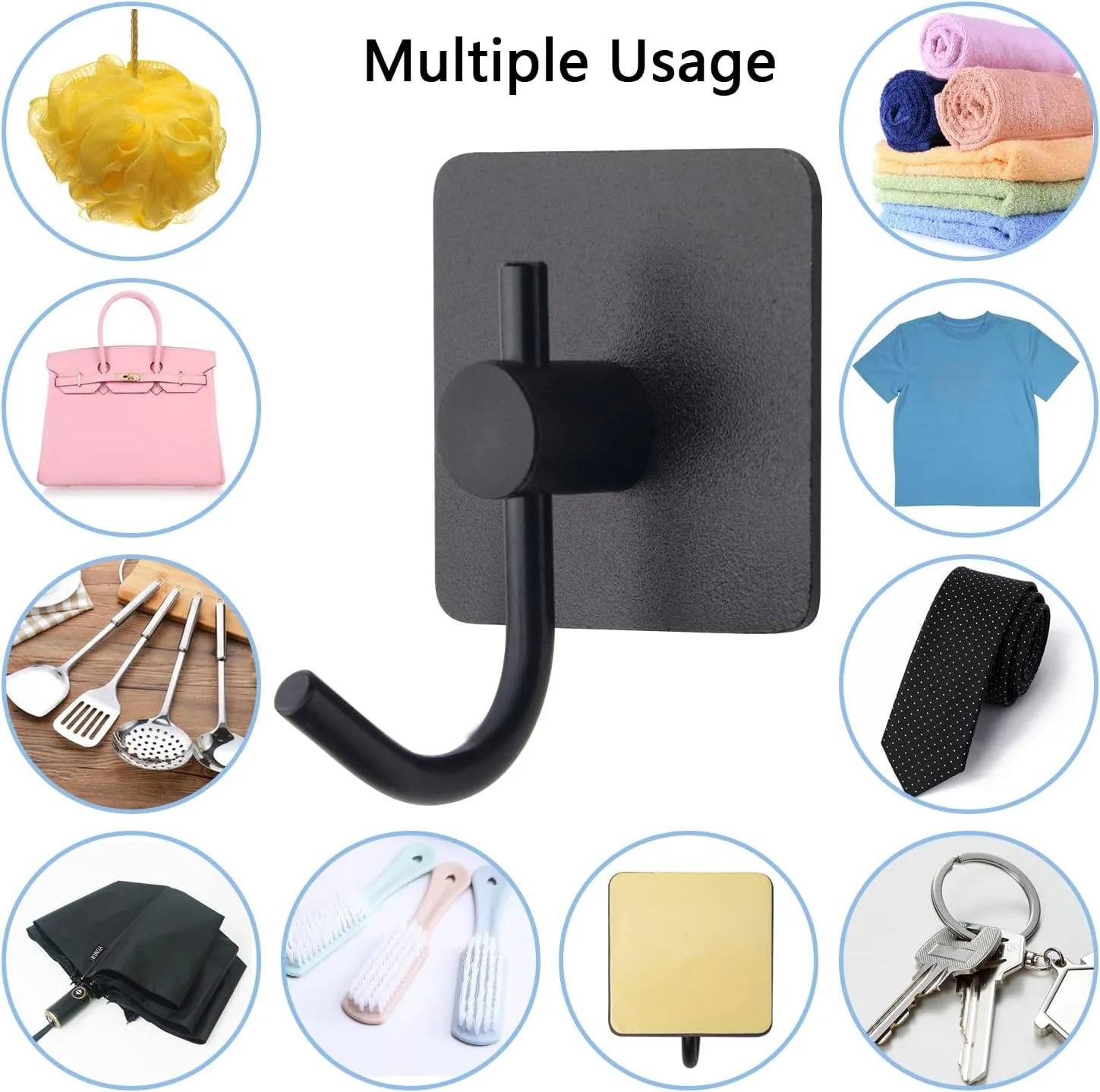 VAEHOLD 6 Pack Adhesive Wall Hooks, Heavy Duty Sticky Holder Aluminum Towel Hooks for Hanging Coat, Hat, Key, Clothes, Closet Hook Wall Mount for Kitchen, Bathroom, Office (Black)