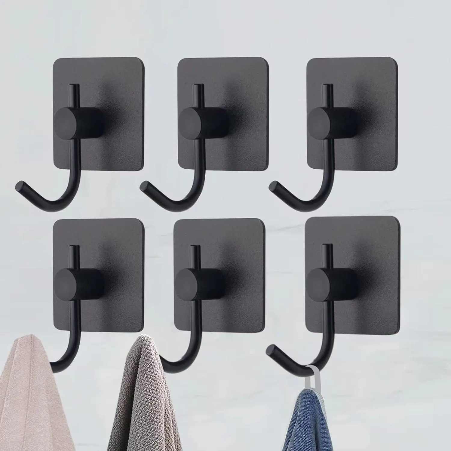 VAEHOLD 6 Pack Adhesive Wall Hooks, Heavy Duty Sticky Holder Aluminum Towel Hooks for Hanging Coat, Hat, Key, Clothes, Closet Hook Wall Mount for Kitchen, Bathroom, Office (Black)