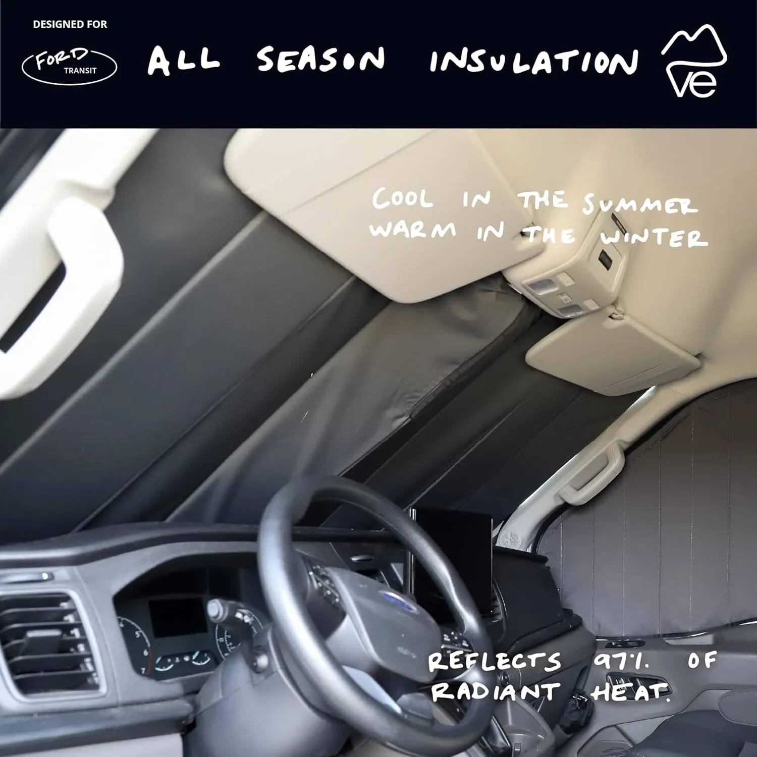 VanEssential Stealth Insulated Blackout Front Windshield Window Cover Designed for Ford Transit Van Medium and High Roof Year 2015 to Current - Charcoal Gray