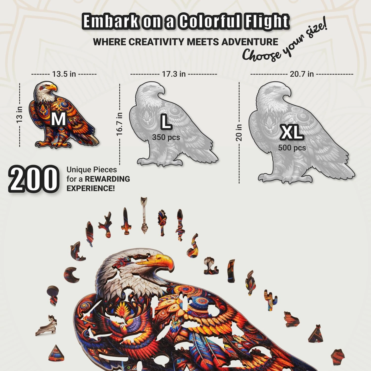 Vivid Eagle Odyssey - 200 Piece Wooden Puzzles for Adults - 13.5 x 13 in - Extra-Thick 5 mm Wood Puzzle, Hand-Shaped Pieces, Iconic Bird Mosaic Design - Premium Gift for Puzzle Lovers by LEOGOR