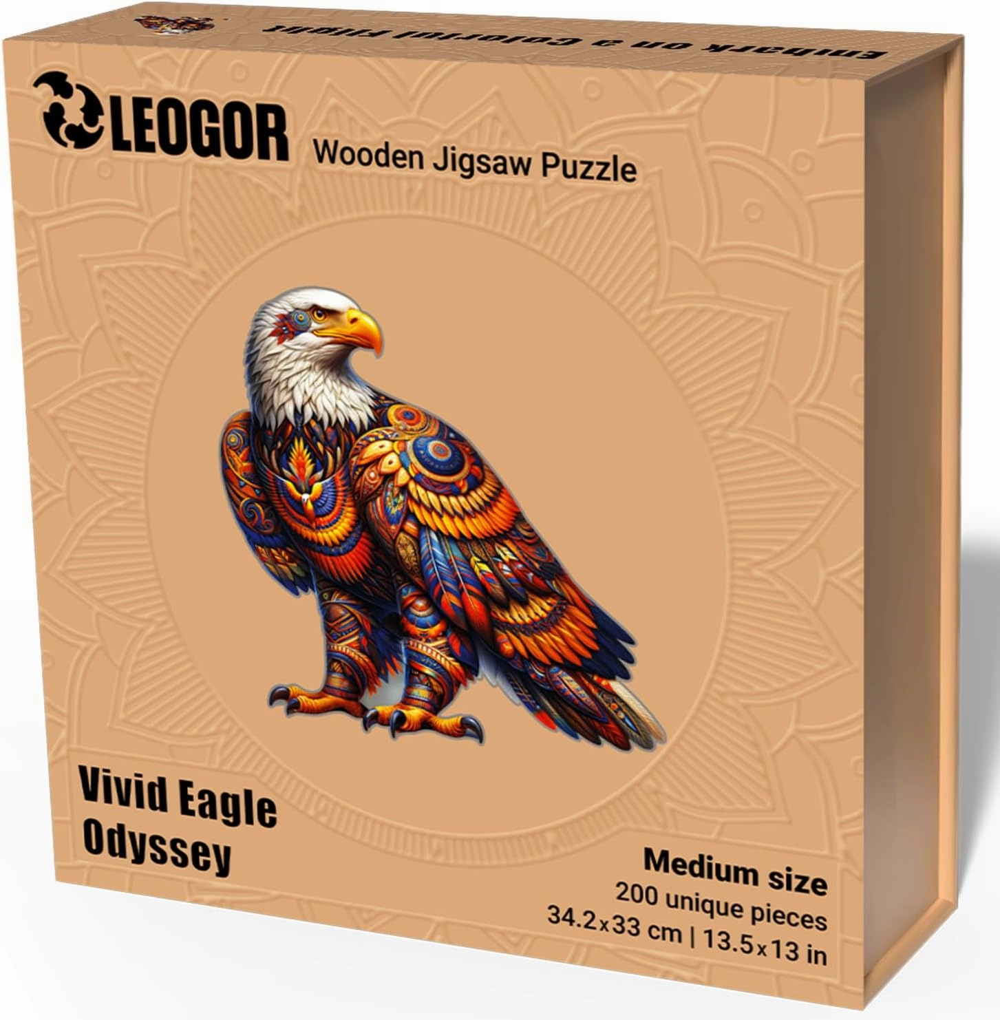 Vivid Eagle Odyssey - 200 Piece Wooden Puzzles for Adults - 13.5 x 13 in - Extra-Thick 5 mm Wood Puzzle, Hand-Shaped Pieces, Iconic Bird Mosaic Design - Premium Gift for Puzzle Lovers by LEOGOR