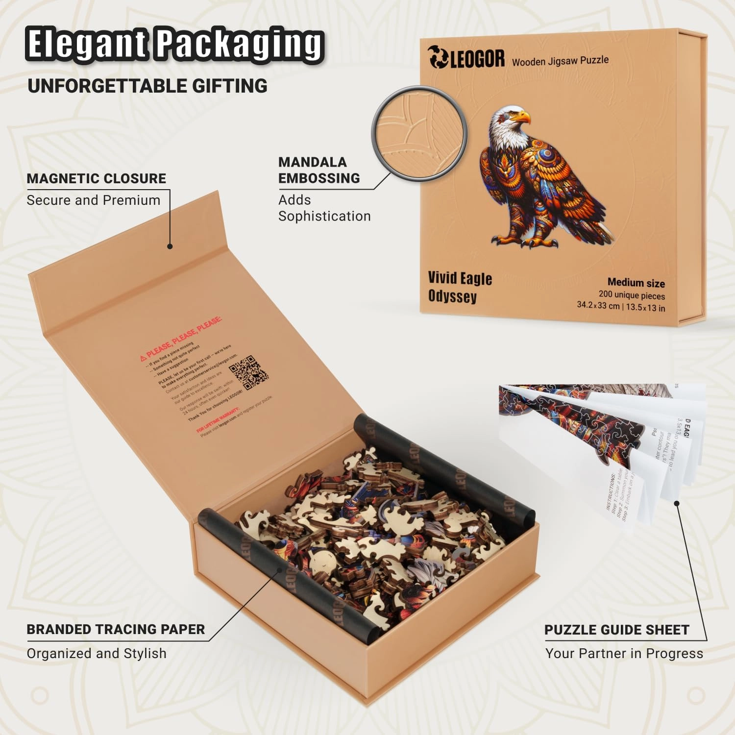 Vivid Eagle Odyssey - 200 Piece Wooden Puzzles for Adults - 13.5 x 13 in - Extra-Thick 5 mm Wood Puzzle, Hand-Shaped Pieces, Iconic Bird Mosaic Design - Premium Gift for Puzzle Lovers by LEOGOR