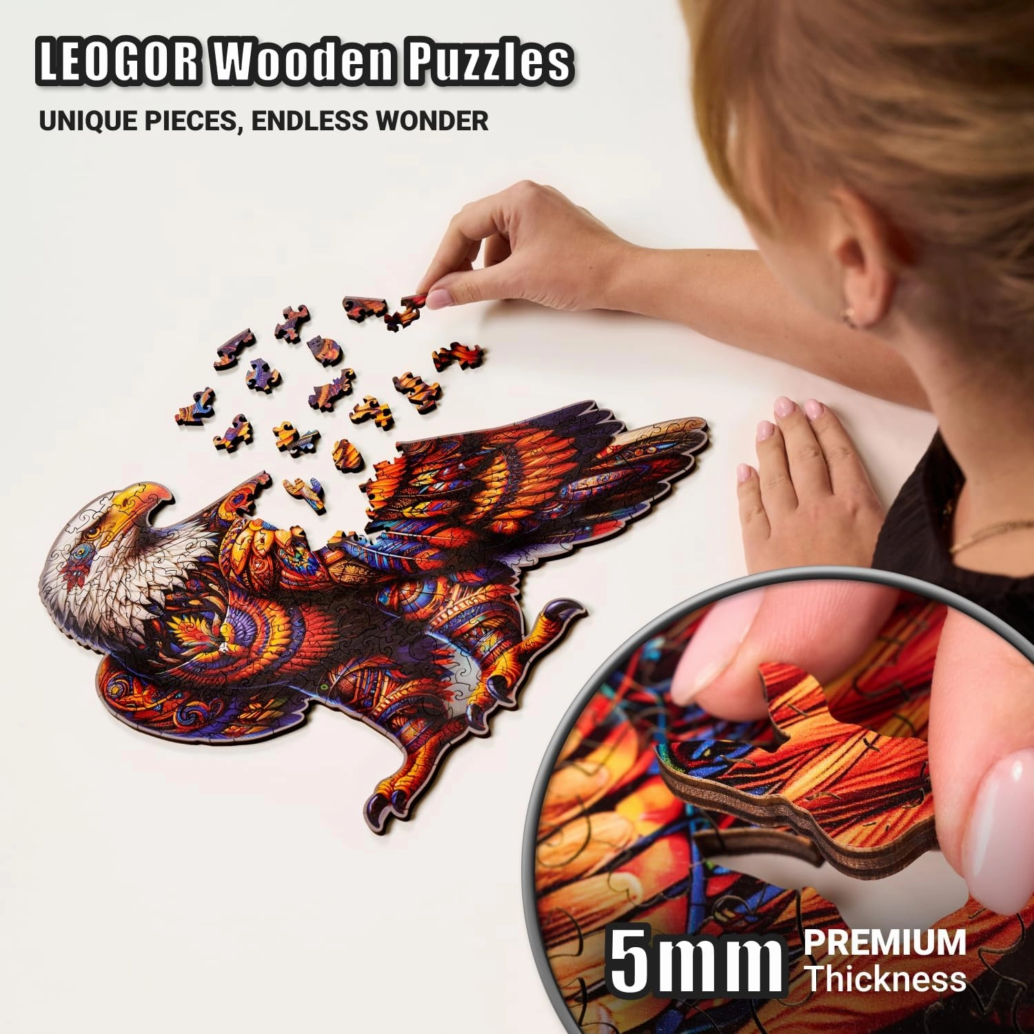 Vivid Eagle Odyssey - 200 Piece Wooden Puzzles for Adults - 13.5 x 13 in - Extra-Thick 5 mm Wood Puzzle, Hand-Shaped Pieces, Iconic Bird Mosaic Design - Premium Gift for Puzzle Lovers by LEOGOR