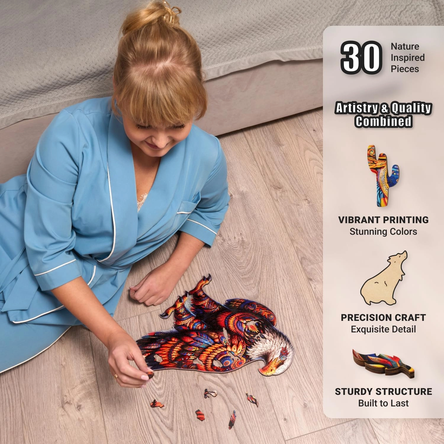 Vivid Eagle Odyssey - 200 Piece Wooden Puzzles for Adults - 13.5 x 13 in - Extra-Thick 5 mm Wood Puzzle, Hand-Shaped Pieces, Iconic Bird Mosaic Design - Premium Gift for Puzzle Lovers by LEOGOR