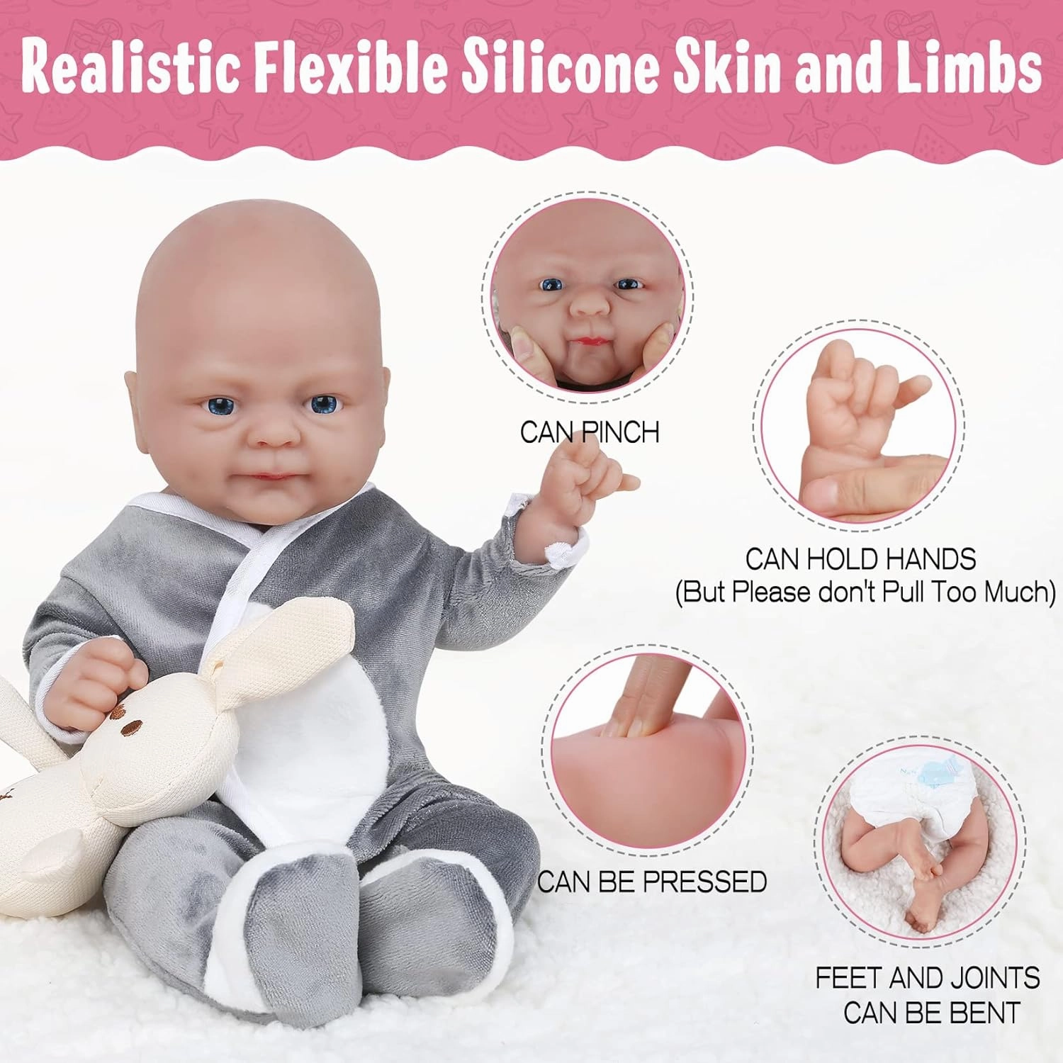 Vollence 16 inch Lifelike Silicone Baby Doll Boy Cute Solid Reborn Weighted Babies Stress Relief Toys with Toy Accessories Gift Set for Kids