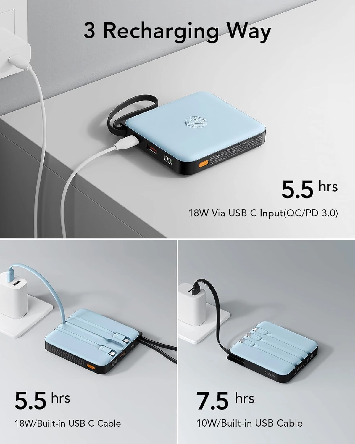 VRURC Portable Charger with Built-in 4 Cables, 20000mAh Battery Pack Charger Portable PD 20W Fast Charging, Power Bank for iPhone 16 15 14 13 12 11 X Samsung Galaxy Series Android Phone,Blue(1Pack)