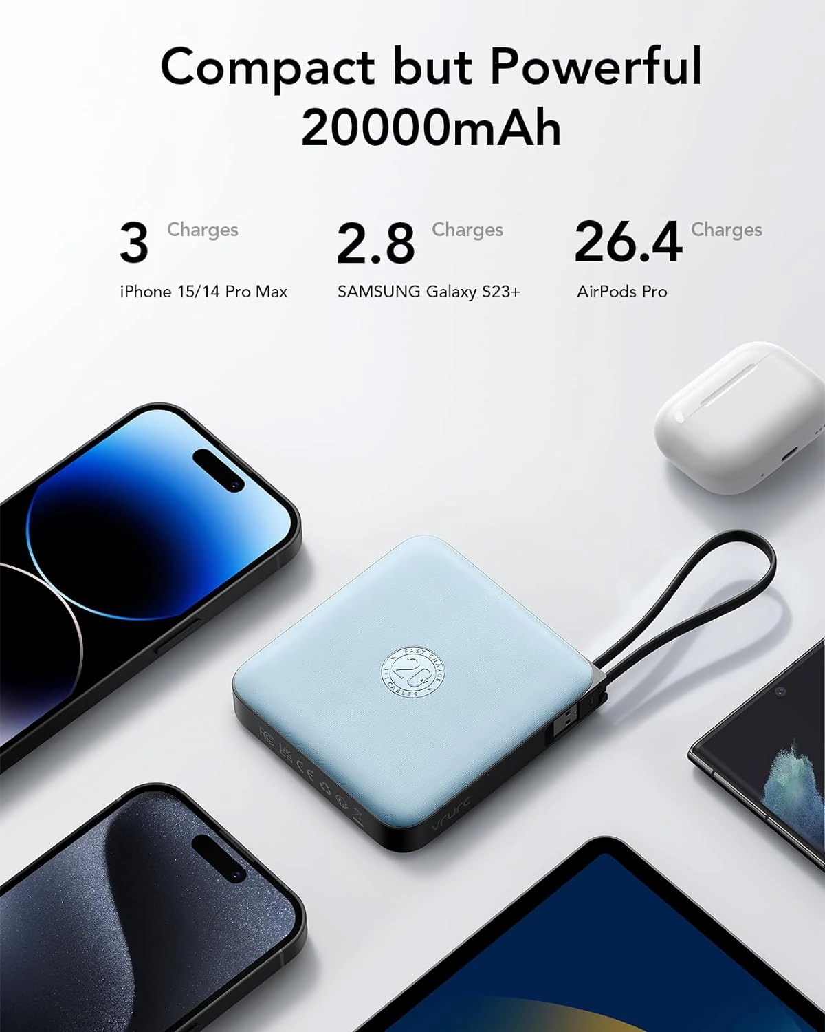 VRURC Portable Charger with Built-in 4 Cables, 20000mAh Battery Pack Charger Portable PD 20W Fast Charging, Power Bank for iPhone 16 15 14 13 12 11 X Samsung Galaxy Series Android Phone,Blue(1Pack)