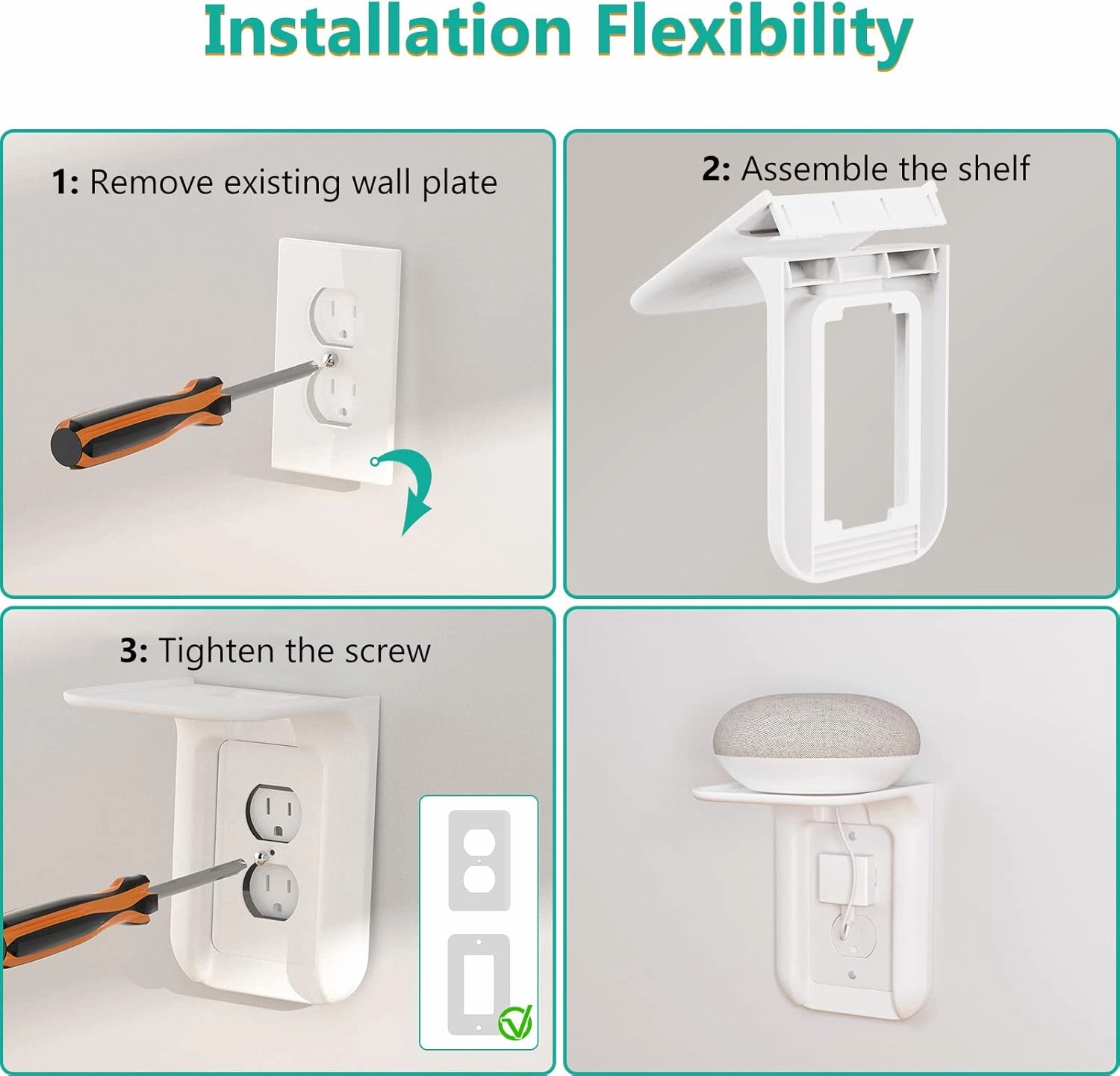 WALI Outlet Shelf Wall Holder,Bathroom Walls Shelves up to 10lbs Standard Vertical Duplex Wall Shelf Organizer for Smart Home Decor Space Saving Power Tools, Toothbrush (OLS002-W), 2 Pack, White