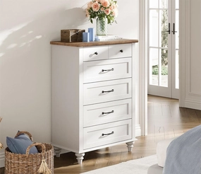 WAMPAT Small White Dresser for Bedroom with 5 Drawers, Mid Century Modern Chest of Drawers with Solid Wood Legs, Vertical Tall Storage Organizer, Farmhouse Dresser for Kids Bedroom