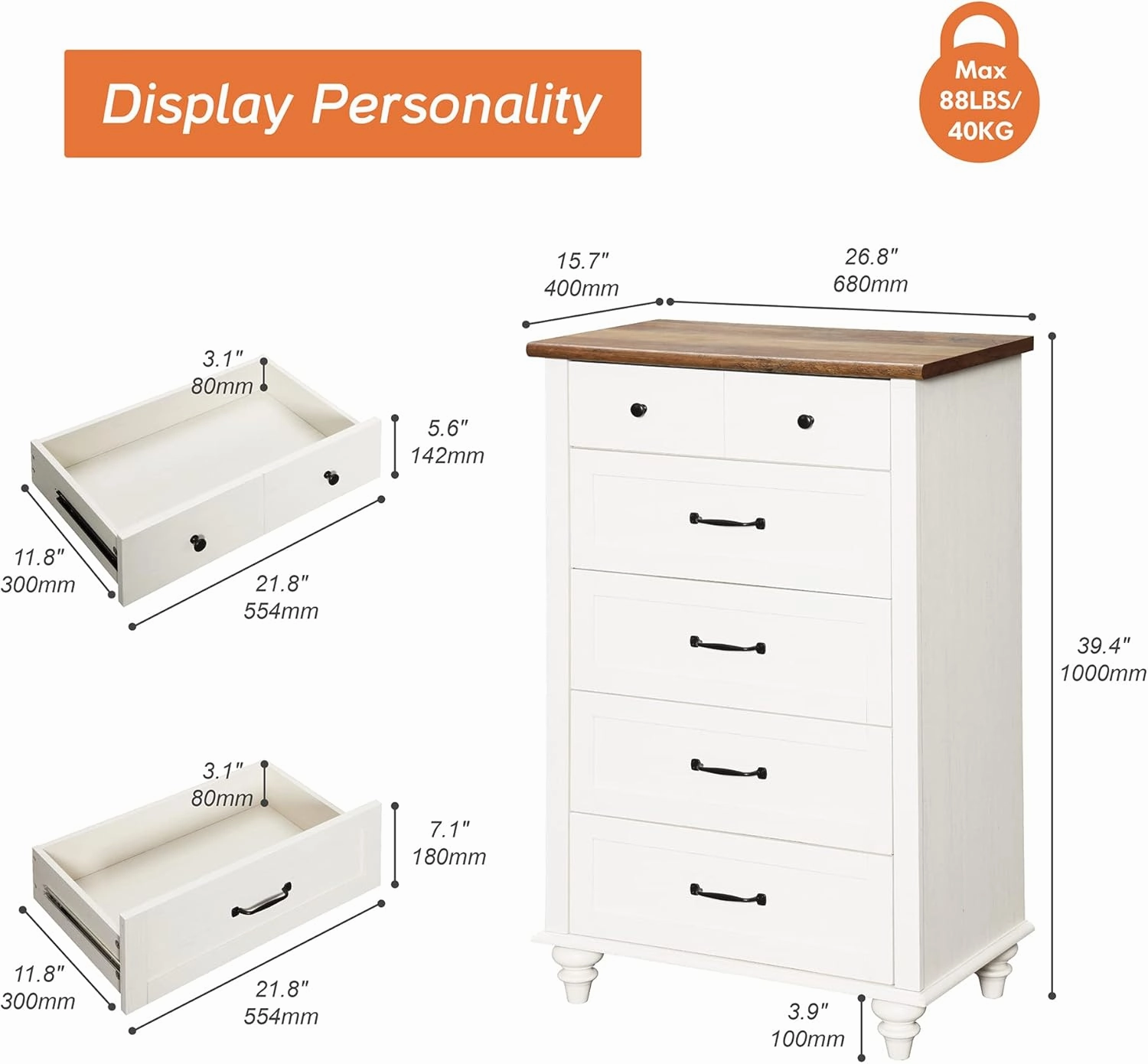 WAMPAT Small White Dresser for Bedroom with 5 Drawers, Mid Century Modern Chest of Drawers with Solid Wood Legs, Vertical Tall Storage Organizer, Farmhouse Dresser for Kids Bedroom