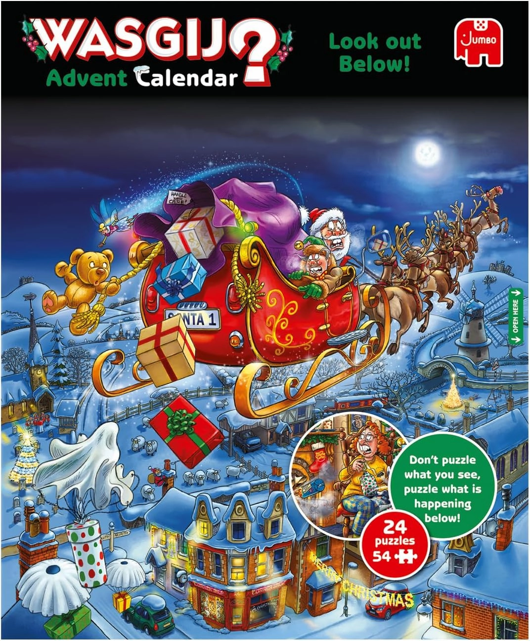 Wasgij Christmas Advent Calendar, Look Out Below! - 24 Days of Puzzles, Don't Puzzle What You See - Brainteasing 54 Piece Adults Puzzle & Comic Puzzle -100% Recycled Cardboard Jigsaw Puzzle for Adults