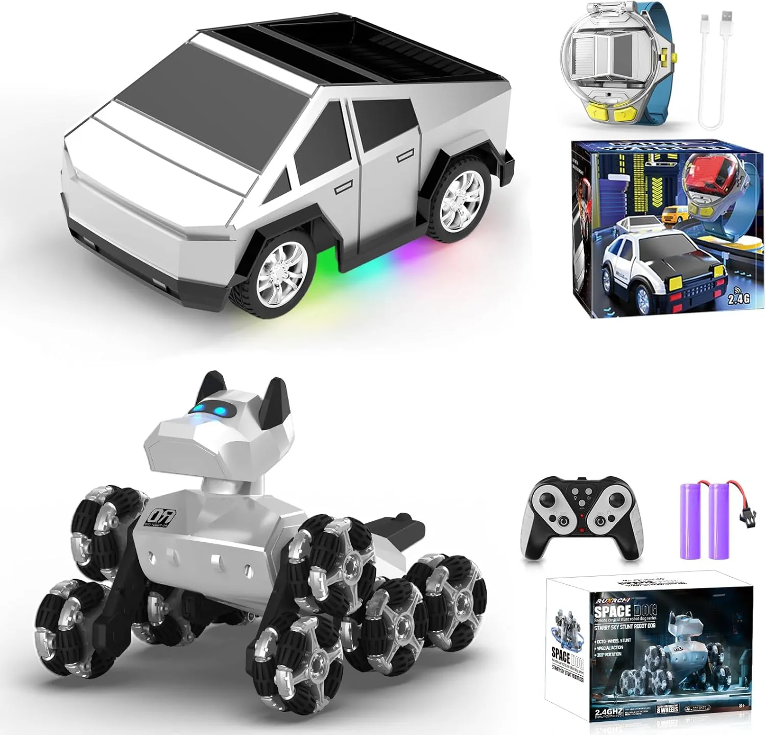 Watch Remote Control Car Toy, 2.4 GHz Mini RC Cars Watch Toy with LED Lights USB Charging Remote Control Robot Dog Toy 2.4GHz 8WD All-Terrain Gesture Sensing Stunt RC Cars RTR Climbing Robot Dogs