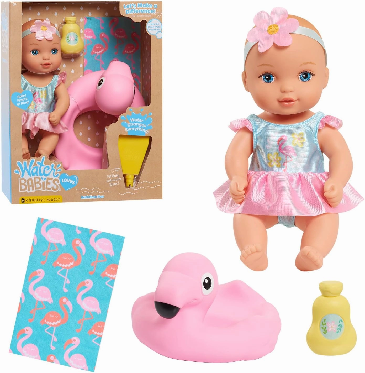 WaterBabies Doll Bathtime Fun Flamingo, Support a Partnership with charity: water, Water Filled Baby Doll, Kids Toys for Ages 3 Up by Just Play