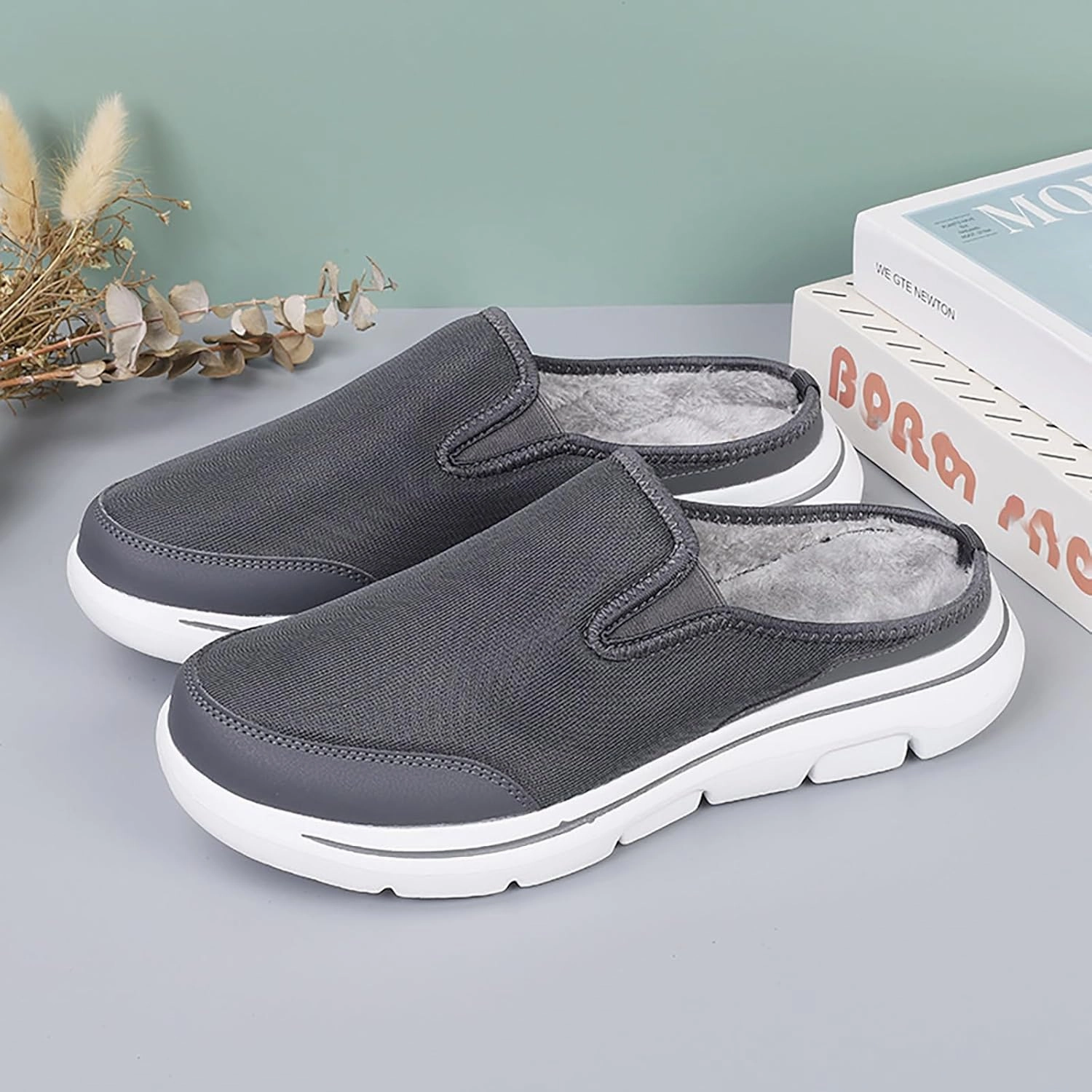 WENOREG Men's Mesh Lined Fleece Slip-on Flat Slipper Shoes,Winter Comfy Warm Indoor Outdoor Moccasin Orthotic Clog Slippers Non Slip Fluffy Wide House Shoes Mule Loafer