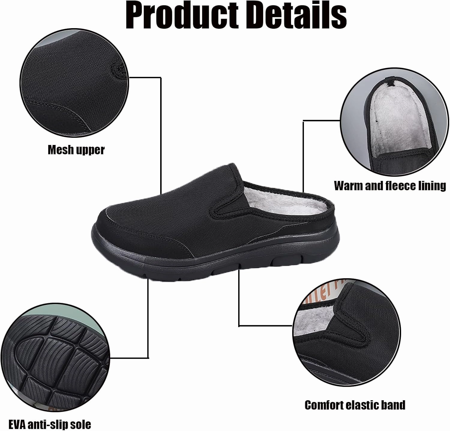 WENOREG Men's Mesh Lined Fleece Slip-on Flat Slipper Shoes,Winter Comfy Warm Indoor Outdoor Moccasin Orthotic Clog Slippers Non Slip Fluffy Wide House Shoes Mule Loafer