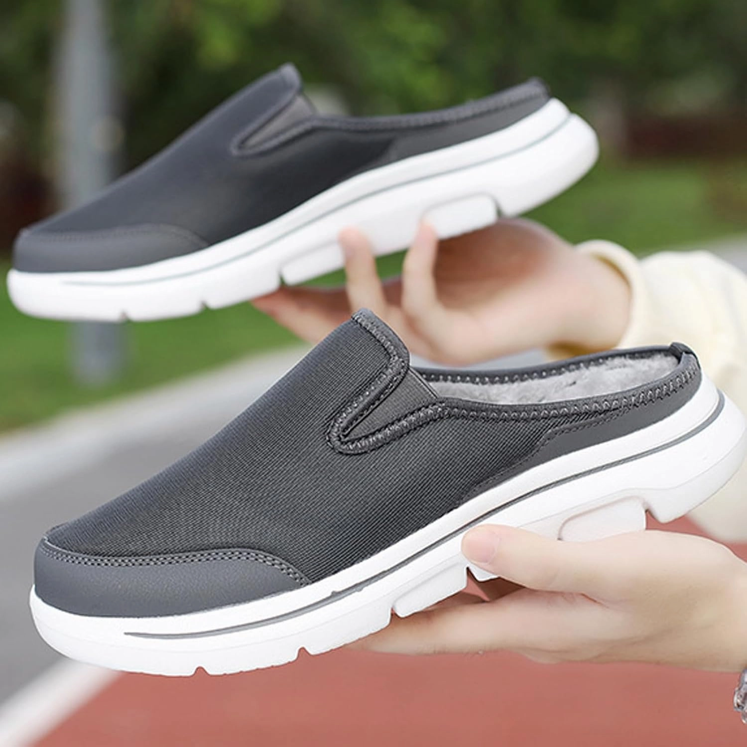 WENOREG Men's Mesh Lined Fleece Slip-on Flat Slipper Shoes,Winter Comfy Warm Indoor Outdoor Moccasin Orthotic Clog Slippers Non Slip Fluffy Wide House Shoes Mule Loafer