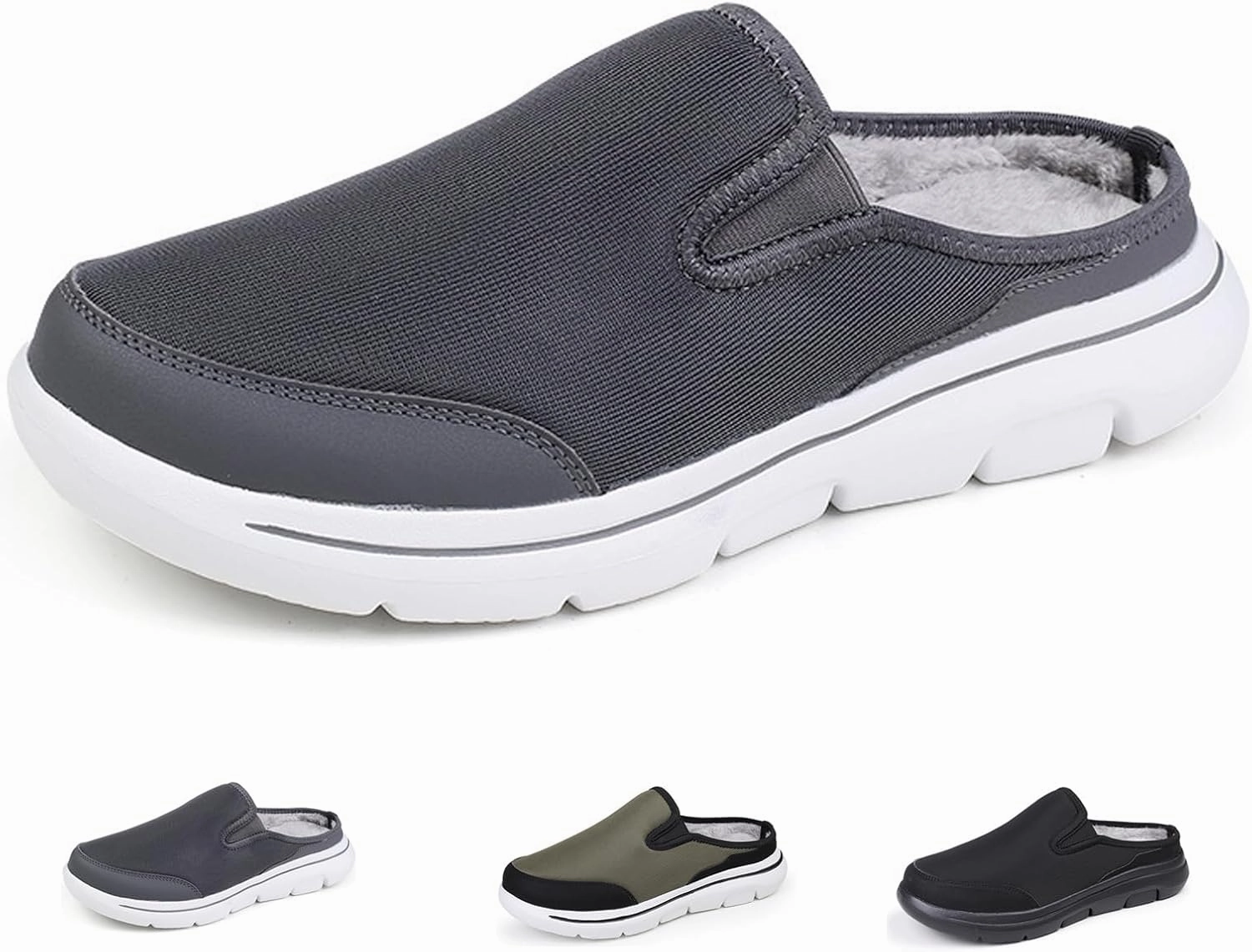 WENOREG Men's Mesh Lined Fleece Slip-on Flat Slipper Shoes,Winter Comfy Warm Indoor Outdoor Moccasin Orthotic Clog Slippers Non Slip Fluffy Wide House Shoes Mule Loafer