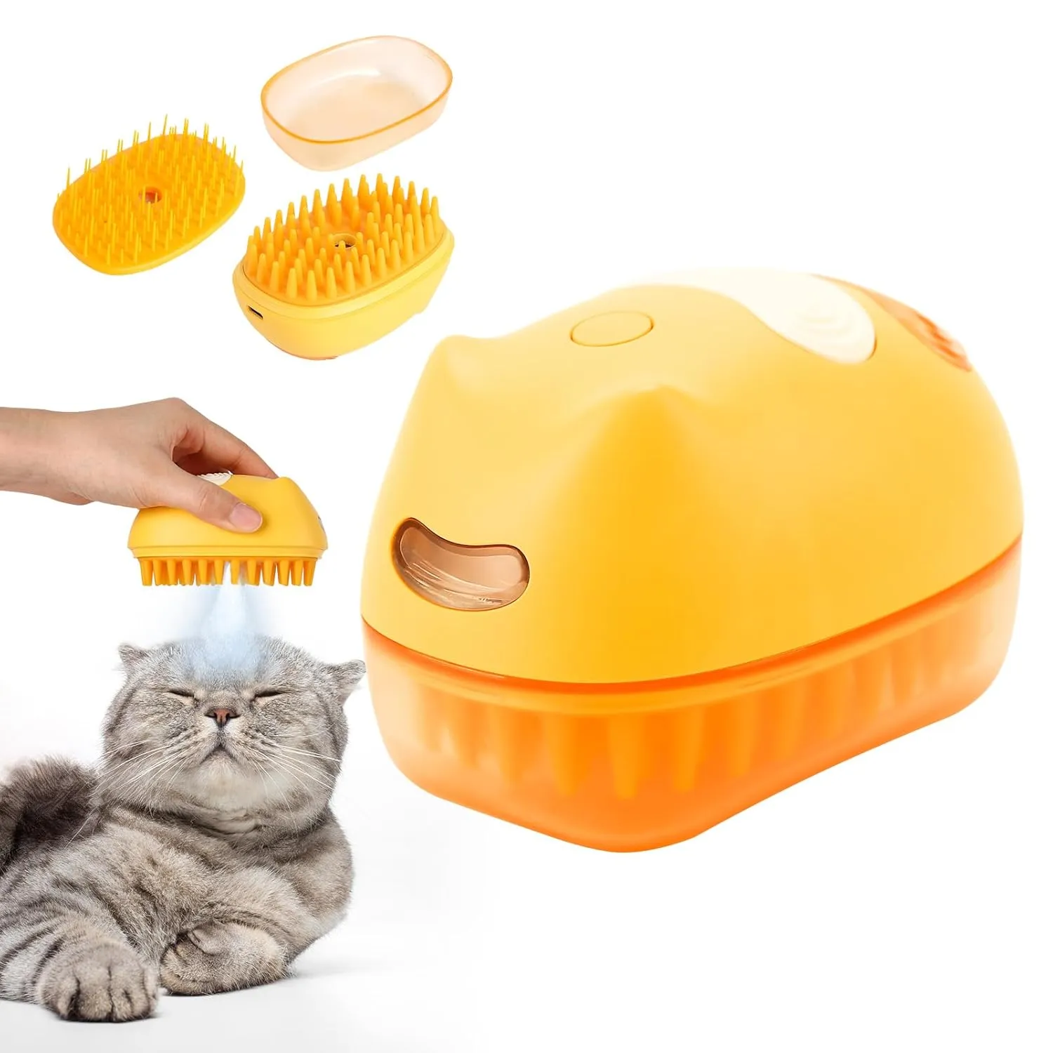WGP Cat Steam Brush for Shedding, Pet Grooming Brush with Dual Head, Spray Cat Brush, Cat Mist Brush, Skin Friendly Grooming, Deshedding Brush for All Cats and Short Haired Dogs, Yellow