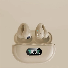 Wireless Ear Clip Skeleton Conduction Headphones, Open Ear Headphones Wireless Bluetooth, Skeleton Conduction Headphones Bluetooth Earphones for Running, Sports, Cycling (Khaki Power Display)