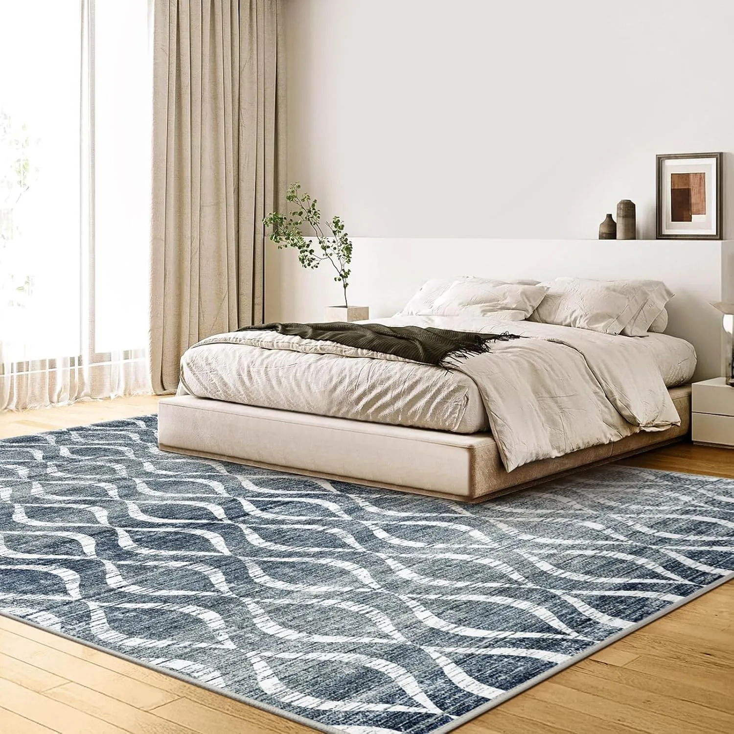 WITSHOCK Area Rugs 6x9: Washable Non Shedding Geometric Low Pile Boho Print Large Thin Indoor Rug for Living Room Bedroom Dining Room, Carpet for Nursery Playroom Decor, Eco-Friendly, Dark Blue