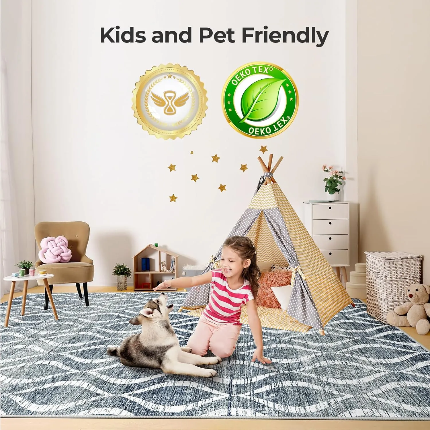WITSHOCK Area Rugs 6x9: Washable Non Shedding Geometric Low Pile Boho Print Large Thin Indoor Rug for Living Room Bedroom Dining Room, Carpet for Nursery Playroom Decor, Eco-Friendly, Dark Blue
