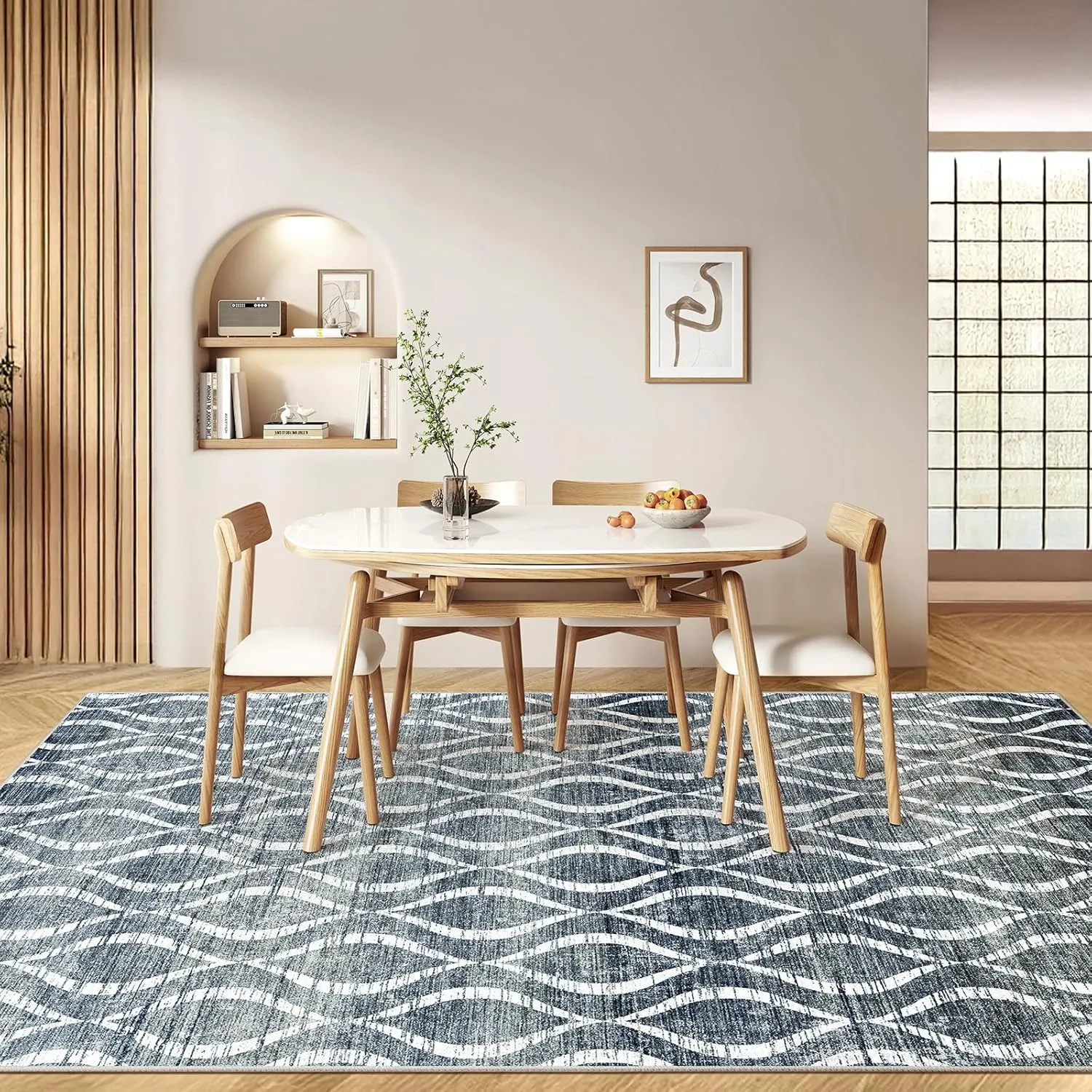 WITSHOCK Area Rugs 6x9: Washable Non Shedding Geometric Low Pile Boho Print Large Thin Indoor Rug for Living Room Bedroom Dining Room, Carpet for Nursery Playroom Decor, Eco-Friendly, Dark Blue
