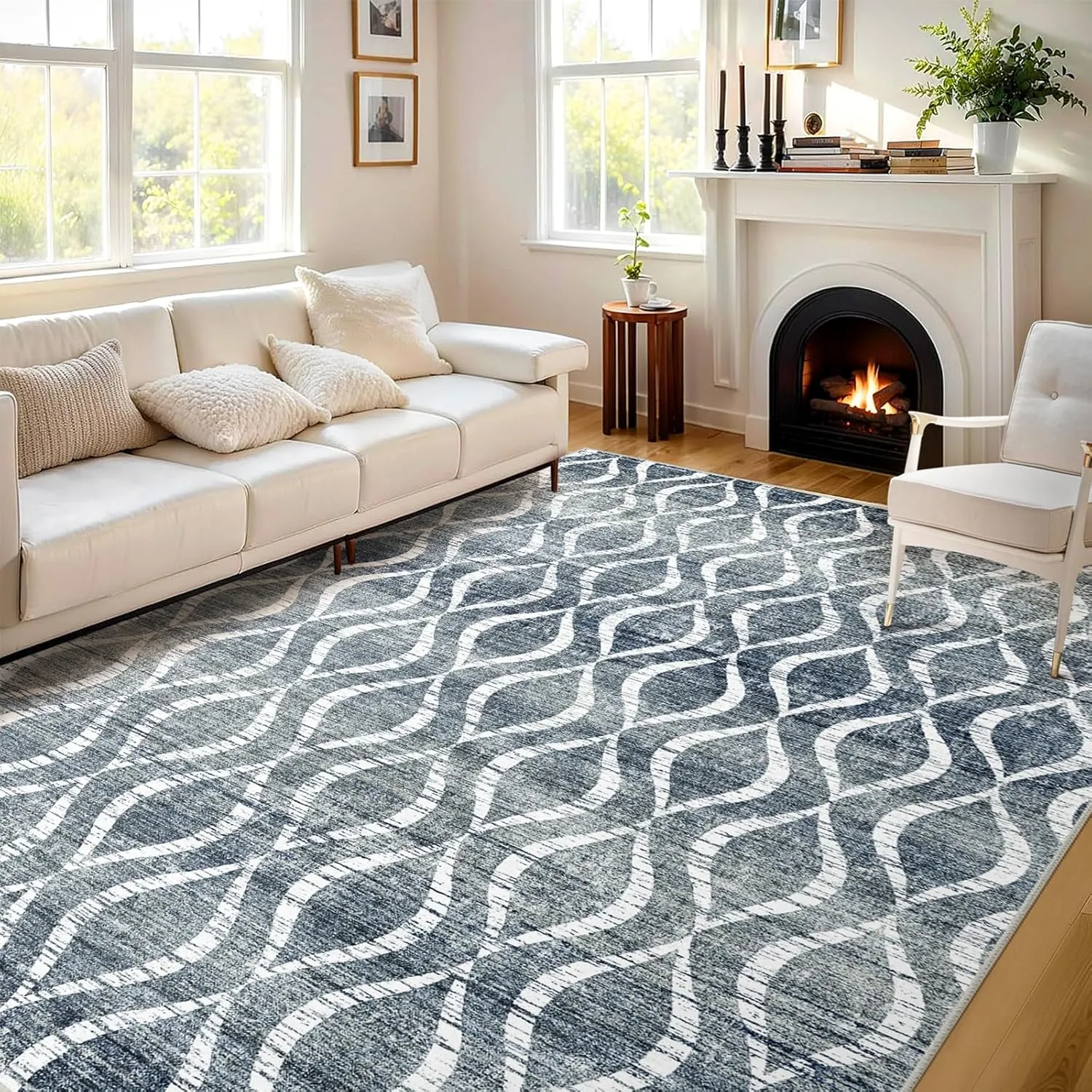WITSHOCK Area Rugs 6x9: Washable Non Shedding Geometric Low Pile Boho Print Large Thin Indoor Rug for Living Room Bedroom Dining Room, Carpet for Nursery Playroom Decor, Eco-Friendly, Dark Blue