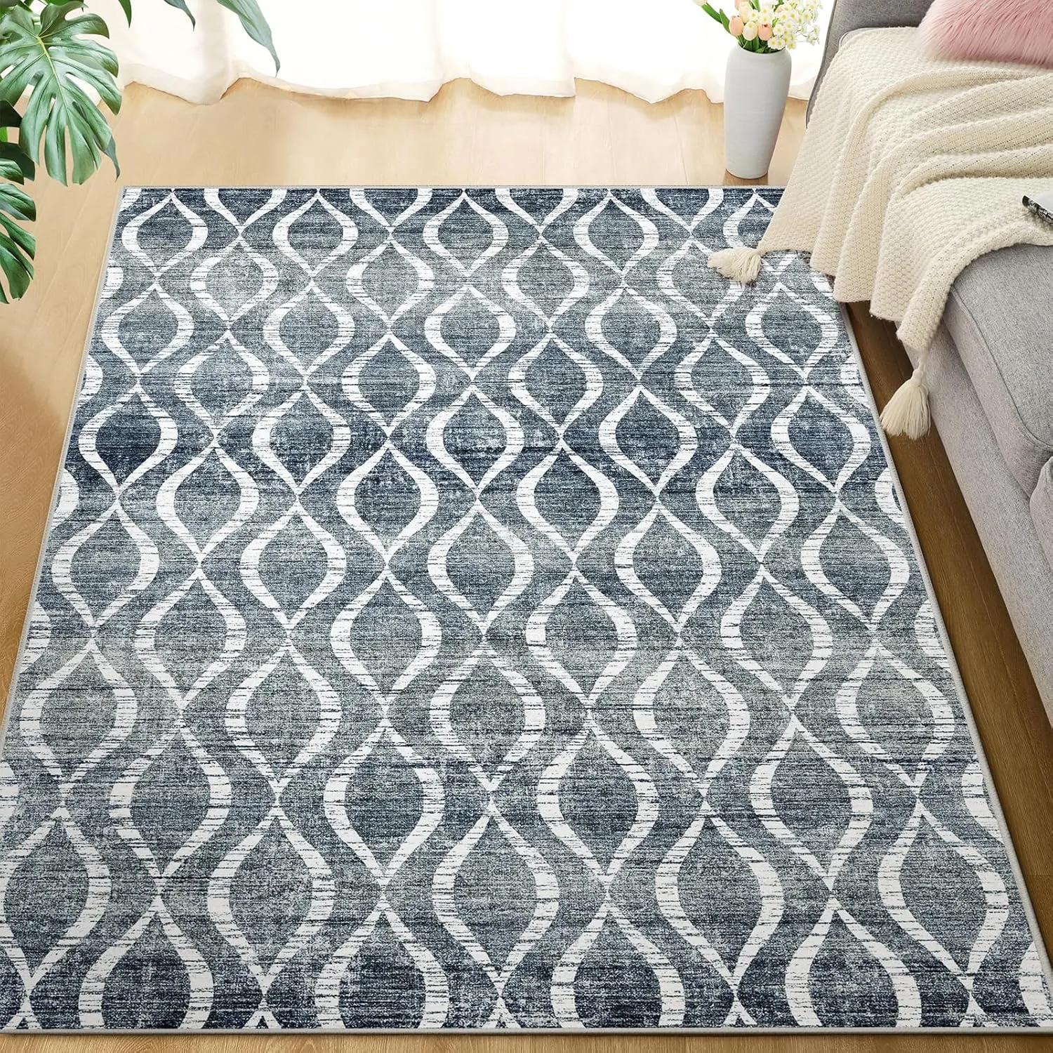WITSHOCK Area Rugs 6x9: Washable Non Shedding Geometric Low Pile Boho Print Large Thin Indoor Rug for Living Room Bedroom Dining Room, Carpet for Nursery Playroom Decor, Eco-Friendly, Dark Blue