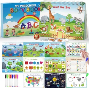 WJPC 53 Designs Busy Book for Toddlers 1,2,3,4,5,6 Years. Preschool Learning Busy Board Kids Boys&Girls Quiet Montessori Toddler Activity Book, Tracing Coloring
