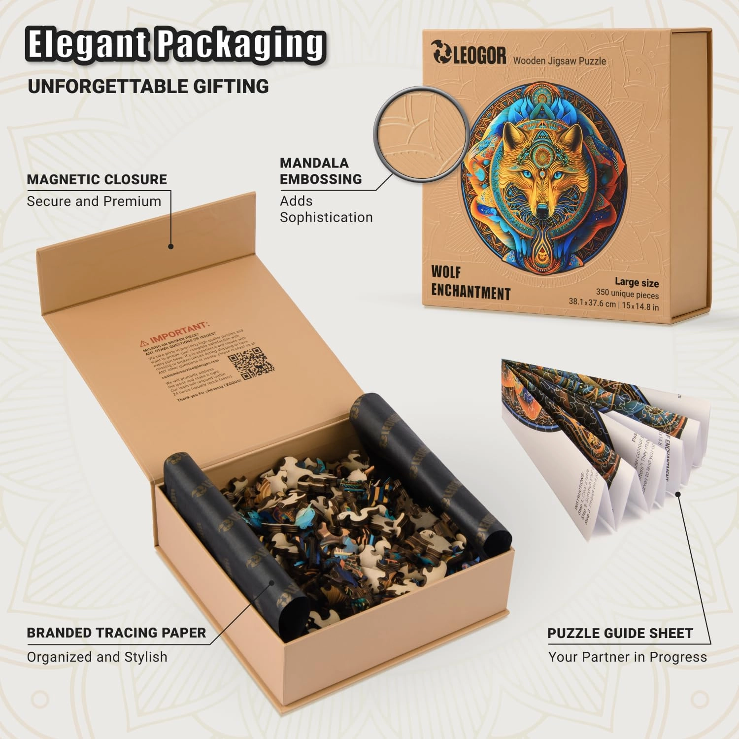 Wolf Enchantment - 350 Piece Wooden Puzzles for Adults - 15 x 14.8 in - Extra-Thick 5 mm Wood Puzzle, Hand-Shaped Pieces, Round Mosaic Design - Premium Gift for Puzzle Lovers by LEOGOR